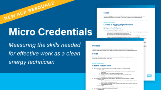 The cover image for ACP's Resource "Micro Credentials," with pictures of word documents and the text "measuring the skills needed for effective work as a clean energy technician."