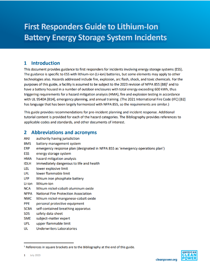 A screenshot of the first page of ACP's July 2023 U.S. Codes and Standards for Battery Energy Storage Systems document.